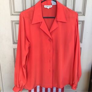 Regina Porter Sz12 Blouse Covered Buttons Long Sleeves Cuffs/Collar Orange Polye